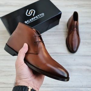 Premium Leather Brown Chukka Boots, Mens Lace-up Ankle Boots, Hand-Stitched Sole